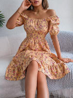 Vestido Elegante De Primavera Y Verano Para Mujer Con Estampado Floral Cuello Cuadrado Manga Corta Volante Al Borde Vestido A-Line De Rodilla Casual - details 27