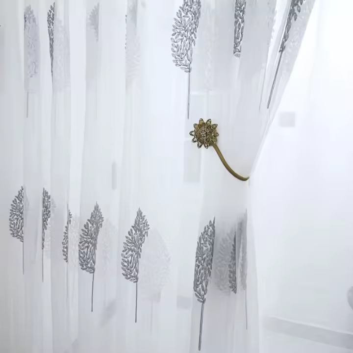 Cortina Moderna Bordada De Tulle Blanca Transparente Para Sala De Estar Balcon Y Dormitorio Con Diseño De Árbol Ventilador De Cortina De Ventana De Tela Poliéster 100% Instalación En Techo - 1