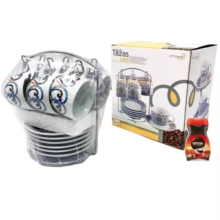 Set 6 Tazas Café con Soporte Metálico Juego de Tazas de Porcelan - 1