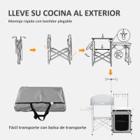 Outsunny Mueble de Cocina para Camping Armario para Camping Plegable con Mesas Estantes Poste de Luz Elevable y Bolsa de Transporte para Acampada Picnic 144x48x119 cm Plata y Gris Claro - details 5
