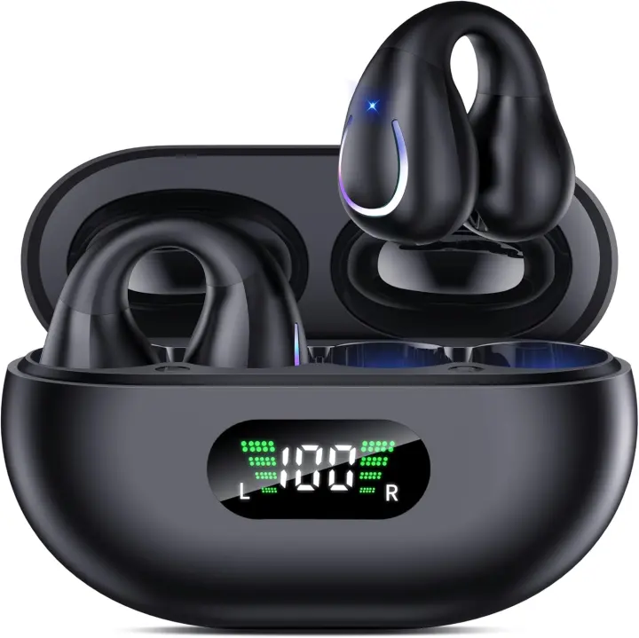 Auriculares abiertos con auriculares inalámbricos Bluetooth 5.3, auriculares deportivos con micrófono incorporado con auriculares y ganchos auriculares, caja de carga inalámbrica y pantalla, auriculares deportivos impermeables al agua y Fitness - 1