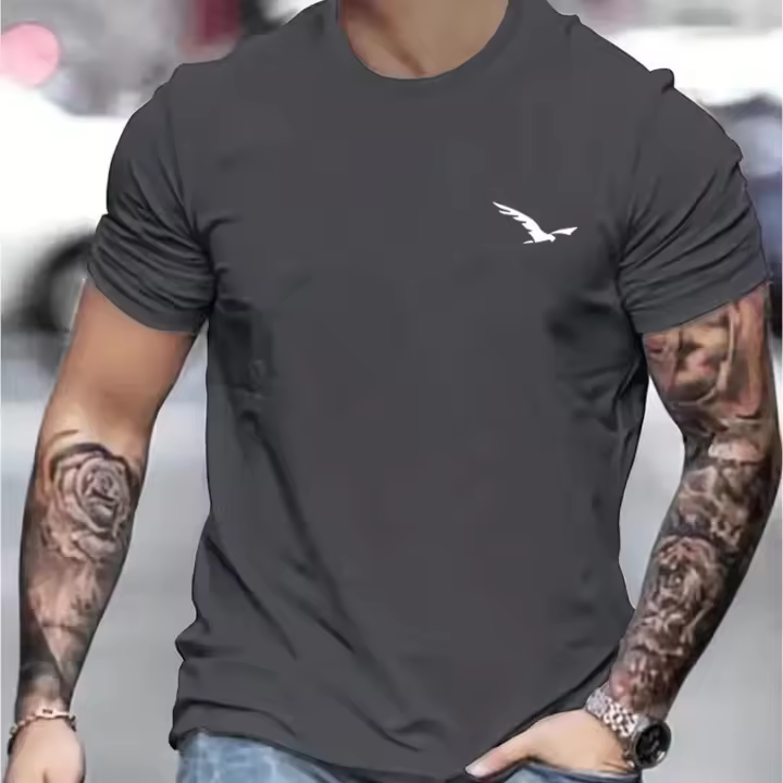 Camiseta De Verano Para Hombre Algodón 100% Ajustada Con Estampado De Pájaro Cuello Redondo Deportiva Manga Corta Top Transpirable - 1