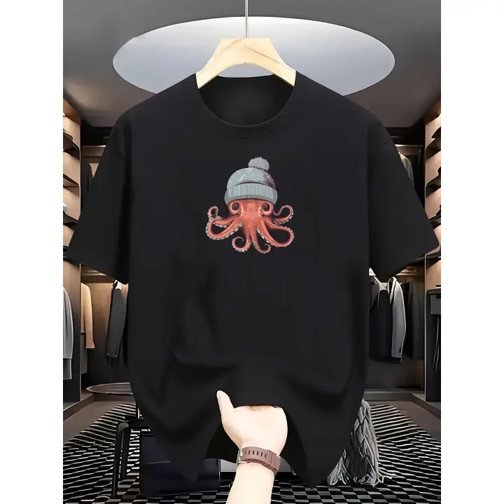 Men's 100% Cotton Casual T-Shirt with Octopus Print – Sporty Crew Neck, Short Sleeve, Black with Red & White Octopus Design, Perfect for Everyday & Weekend Wear - 1