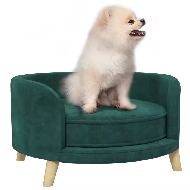 PawHut Sofá para Perros con Aspecto de Terciopelo, sofá para Gatos con cojín, Cama para Perros, sofá para Perros con diseño elevado, Silla para Perros con Patas de Madera, Verde, 68 x 68 x 35 cm - 1