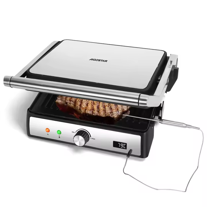 AIGOSTAR Sandwicheras y Panini con Sonda de Alimentos, Parrilla Eléctrica, Grill, Placas Antiadherentes Extraíbles, Control Automático de Temperatura( Apertura de 180º,Placas Antiadherentes,1500W) - 1