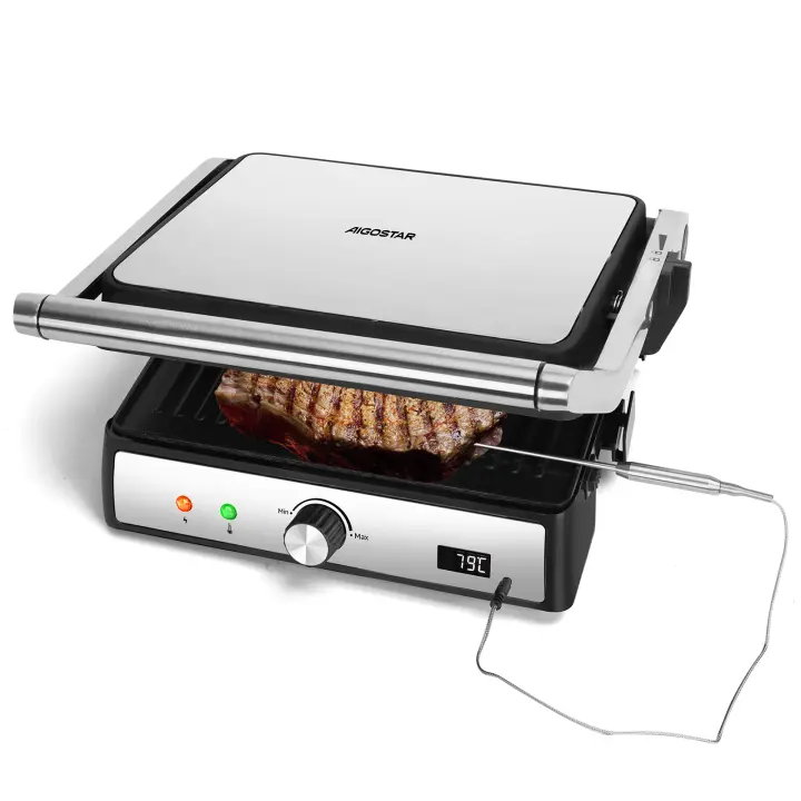 AIGOSTAR Sandwicheras y Panini con Sonda de Alimentos, Parrilla Eléctrica, Grill, Placas Antiadherentes Extraíbles, Control Automático de Temperatura( Apertura de 180º,Placas Antiadherentes,1500W) - 1