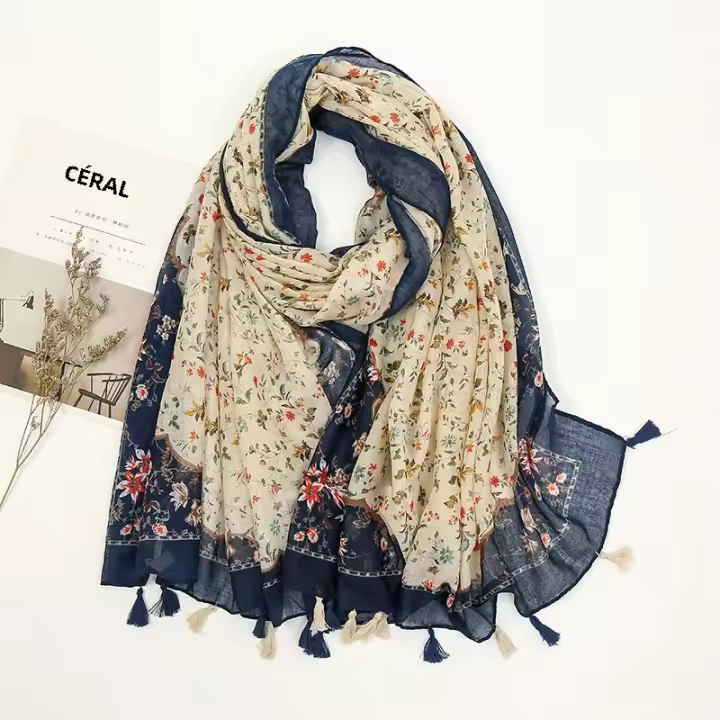 Bufanda Boho Para Mujer Floral Ligera Estilo Otoño Invierno Moda Con Borlas Bufanda De Poliéster Para Compras - 1