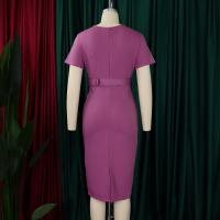Vestido Elegante Para Oficina Para Mujer Con Cuello En V Manga Corta Cinturón Ajustado Recto Midi Formal Ropa De Negocios Para Mujer - details 11