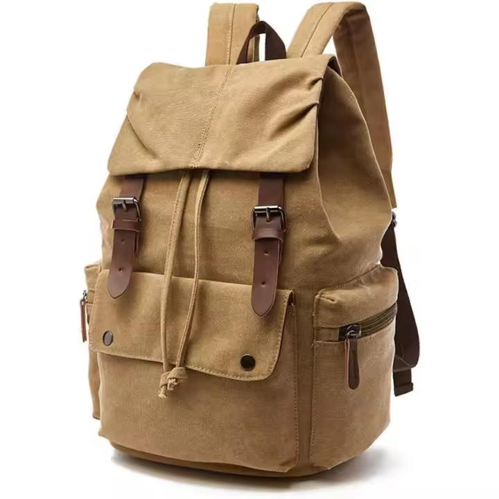 Mochara Retro de Lona para computadora portátil Mochila de Viaje Bolsa de Gran Capacidad Unisex (Caqui) - 1