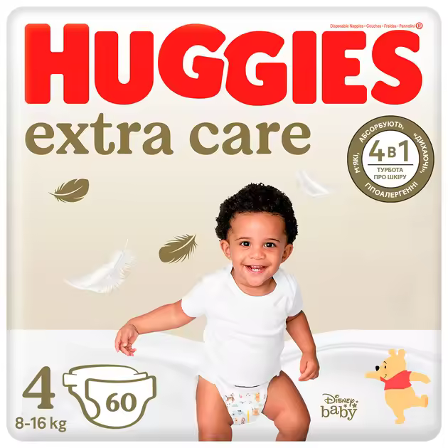 Huggies Extra Care Pañal para bebé con diseños Disney Talla 4 (8-14 kg), 60 pañales con almohadillas extra suaves que cuida de la piel del bebé - 1