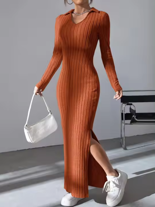 Nuevo Estilo De Vestido De Punto Slim Para Mujer Primavera Verano 2024 Manga Larga Color Sólido Ajustado Silueta De Traje De Oficina - 1