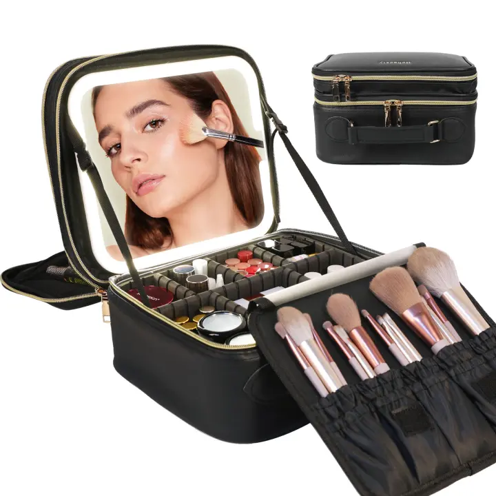 Bolsa De Maquillaje Para Viaje Behaesty Con Espejo LED Doble Capa Espejo De Vestíbulo Desmontable Tri-luz Dimmer Divisores Ajustables - 1