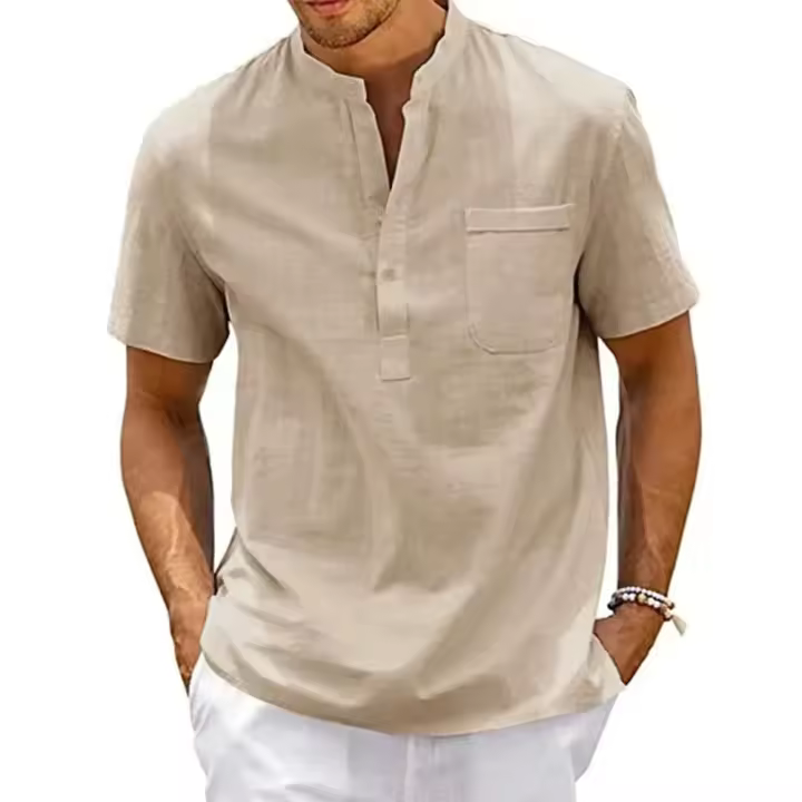 Camisa De Algodón Y Lino Para Hombre Estilo Casual Vintage Con Bolsillo Y Cuello Henley Camiseta De Color Sólido Para Playa Y Calle - 1