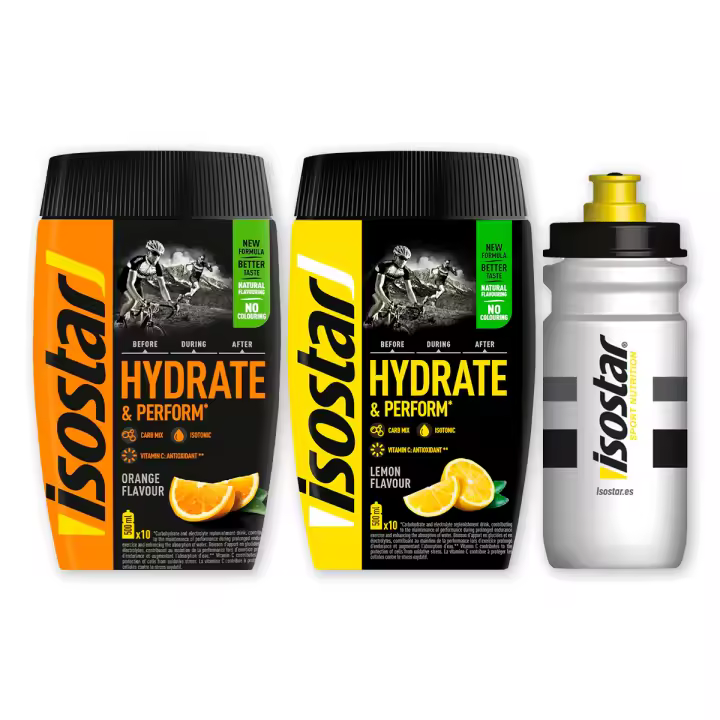 Pack Isostar - Pack Hydrate and Perform, Preparado de Bebida Isotónica para la Reposición de Hidratos de Carbono y Electrolitos, con Vitaminas y Minerales, Mejora el Rendimiento Deportivo, Naranja y Limón +  Bidon Winter White – 2 x Bote 400 Gramos - 1