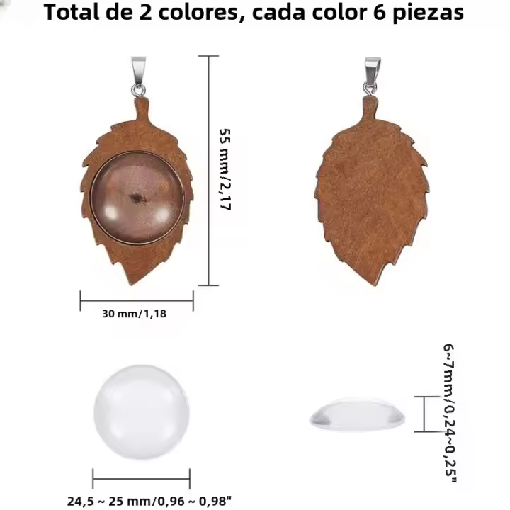 Kit De 12 Piezas De Hojas De Madera Pendientes Base No Terminadas Con 12 Piezas De Cabochones De Vidrio Claros Para Collar - 1