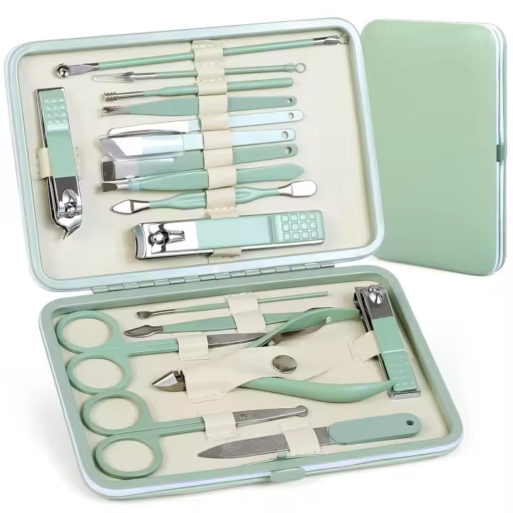 Juego de manicura y pedicura, cortaúñas, cortaúñas para uñas encarnadas (verde té, 18 piezas) - 1