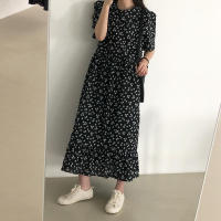 Nuevo Vestido Largo Floral Para Mujer Estilo Retro Versátil Casual Trabajo Vacaciones Manga Corta Negro A-Line Cuello O Pullover - details 0