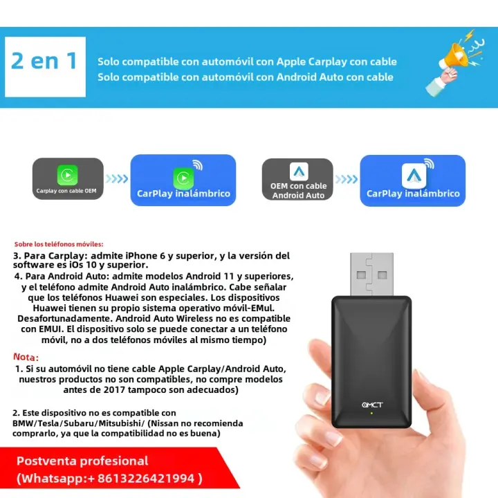 Adaptador de Carplay inalámbrico 2 en 1, Dongle inteligente 2024, 5G, WIFI, para iPhone, teléfono Android, Volvo, Benz, Mg, Kia, Chery, VW - 1