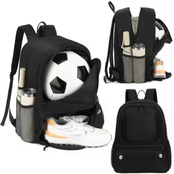 Mochila Futbol con Zapatillero, Mochila Deportiva Ligera Hombres Mujeres Mochila Baloncesto, Mochila Gimnasio Mochila Gym para Baloncesto, Voleibol, Futbol, Negro P180 - 1
