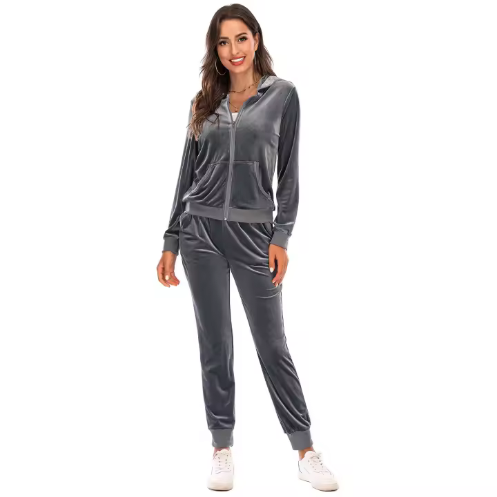 Women's Velvet Velour Super Soft Stretch Lounge Jacket Top and Bottom Set with Relaxed Zip Up Hoody and Jogger Sports Tracksuit - 1