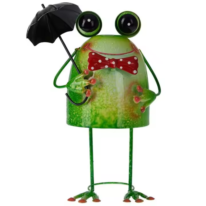 Koopman Figura Decorativa Ranita de Pie Umbrella 2 Verde 26x17x11,5 Cm - Estatua de Jardín de Metal Resistente - 1