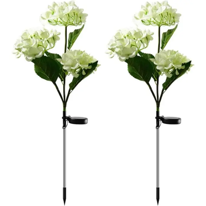 Luces solares de hortensia en forma de estaca, impermeables, realistas, LED, para enterramiento, paquete de 2, para césped, patio, patio trasero (blanco) - 1