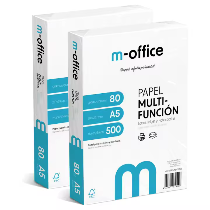 Paquete Folios A5 80gr, 2 Paquetes de 500 hojas, Papel Multifunción para Impresora Inkjet y Láser, Hojas A5 148 x 210 mm Ideales para la Oficina como para el Hogar · m-office (1000 hojas) - 1