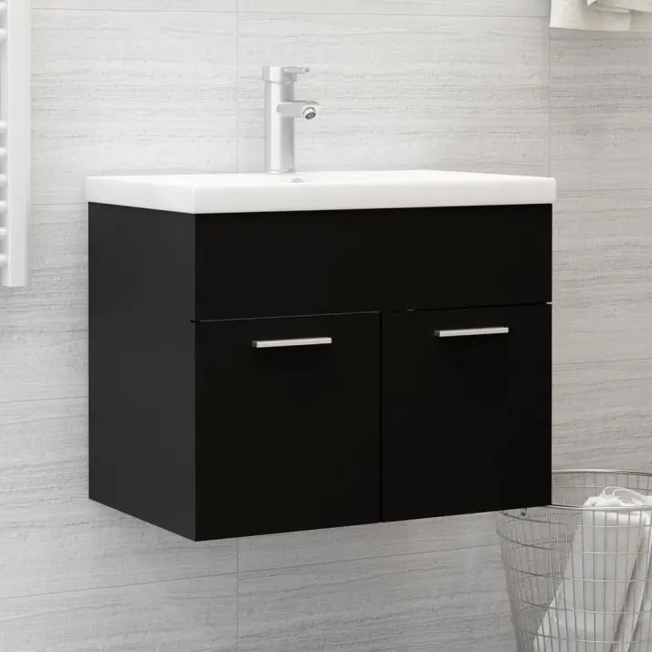 vidaXL Mueble con lavabo madera de ingeniería en color Negro/Blanco | almacenamiento funcional diseño moderno para baño dormitorio sala - 1