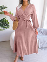 Vestido Largo Elegante Para Mujer Con Cuello En V Manga Larga Pleated Maxi Con Cinturón Estilo Casual De Pierna Larga - details 33