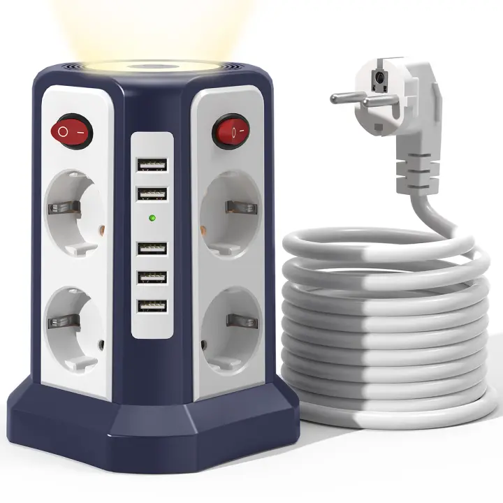 Protector contra sobretensiones de enchufe múltiple de la UE, tira de alimentación múltiple de 8 entradas con 5 USB, enchufe múltiple con Cable de extensión de 3M, 10A - 1