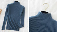 Suéter De Mujer Con Volantes Y Cuello Bajo Largo Manga Larga Tejido Básico Solido Rayado Para Otoño Invierno Top Casual - details 2