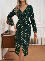 Vestido Largo De Encaje Con Estampado De Puntos Para Mujer Estilo Elegante Y Casual Con Abertura Frontal Y Cuello Cruzado Vestido Midi Para Oficina Y Diario - details 3