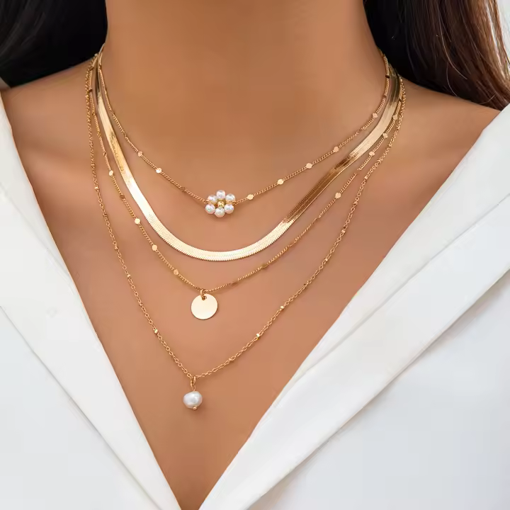 Collar De Encanto Con Flor De Tela Multicapa Lacteo Para Mujer Cadena De Serpiente Imitación Perla Joyería De Fiesta Para Dama - 1