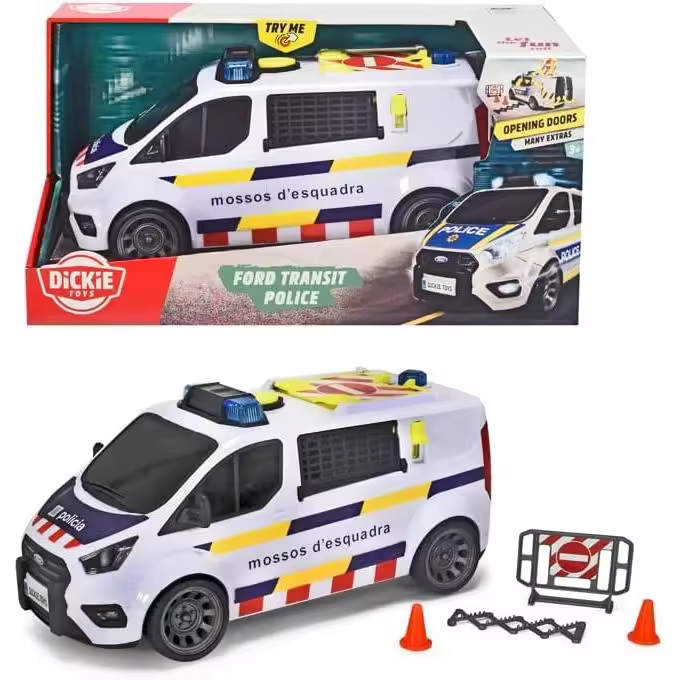 Dickie Toys- Furgón Mossos  28cm, con luz y Sonido, Apertura de Puertas traseras,+ 3 años - 1