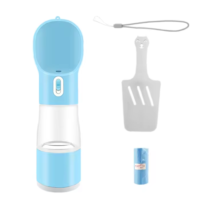 Botella de agua portátil para perro, contenedor de comida, pala y bolsa de basura, a prueba de fugas, azul, 4 en 1 - 1