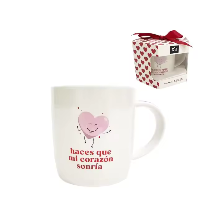 Taza con mensaje Amor: "Haces que mi corazón sonría" en caja de regalo con lazo rojo. Capacidad 360ml. DCasa - 1