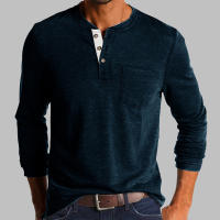 Camiseta De Hombre Elegante De Moda Primavera/Otoño Con Botones Collar Abierto Parcial Solido Con Bolsillo Manga Larga Top Para Comercio - details 6