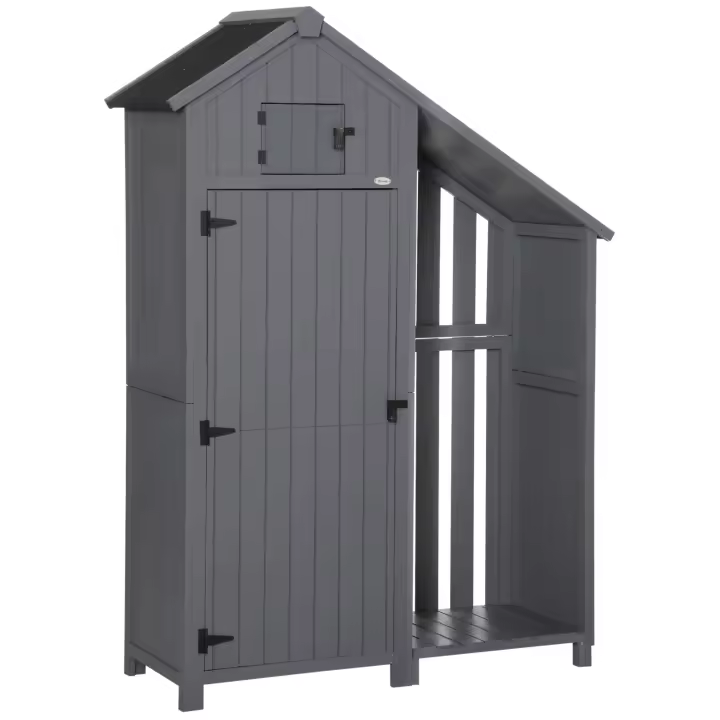 Outsunny Mueble de jardín Cobertizo de jardín de madera Cobertizo de jardín Armario de jardín Cabaña de madera Techo a dos aguas Gris+Negro 129 x 51,5 x 180 cm - 1