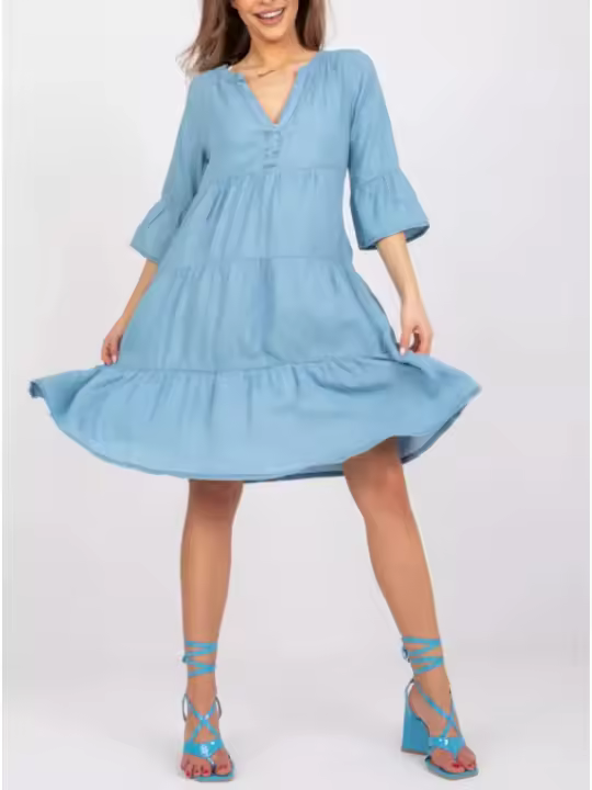 Vestido De Mezclilla Para Mujer Estilo Casual Veraniego Con Cuello En V Y Mangas Cortas Vestido Mini A-line Elegante Para Vacaciones De Playa - 1