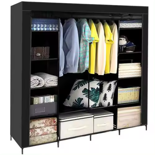 Armario organizador textil plegable negro 170 cm x 170cm, ligero, 14 estantes, metal - 1