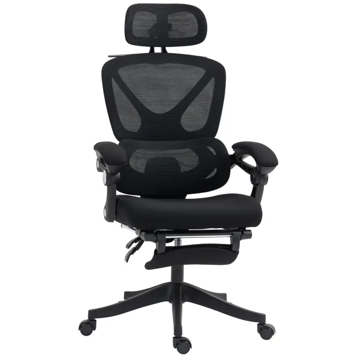 HOMCOM Silla de Escritorio de Malla Silla de Oficina Reclinable con Reposacabezas Soporte Lumbar Reposapiés y Altura Regulable Función de Basculante Carga 135 kg Negro - 1