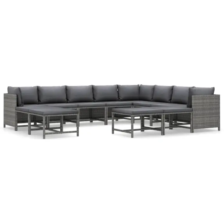 vidaXL Set de muebles de jardín 12 pzas y cojines ratán sintético gris - 1