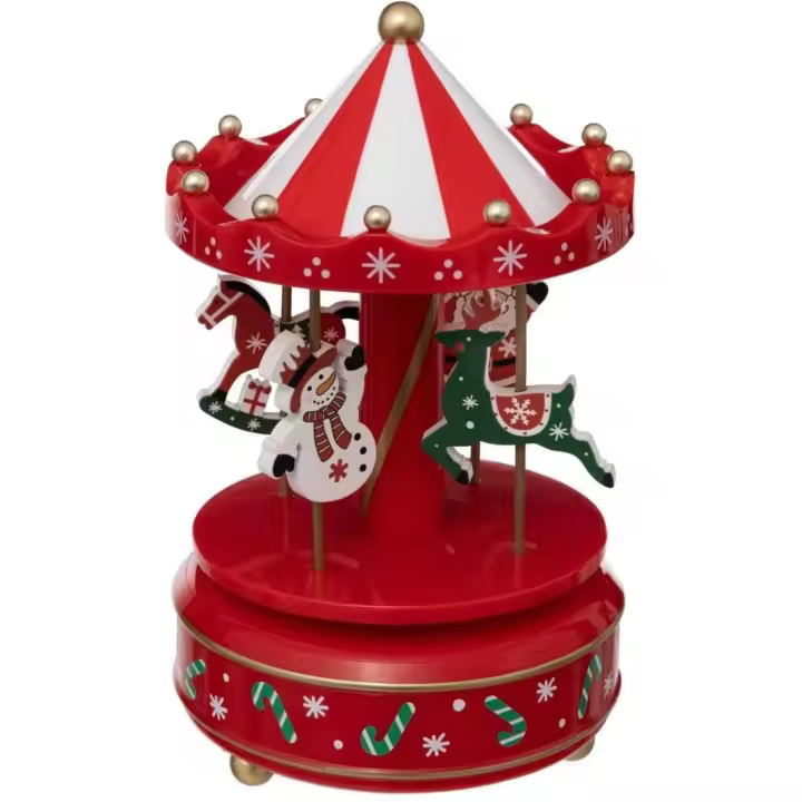 Decoración Navideña, Carrusel Musical, 18x11x11 cm, papá Noel y muñeco de Nieve, caja musical, carrusel de madera, carrusel navideño, carrusel con musica navideña, color rojo, blanco y verde.. - 1