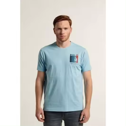 Camiseta Valecuatro Polo Celeste de Algodón con Gráfico en el Pecho y en la Espalda - 1