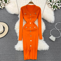 Vestido Midi De Punto REALEFT Para Mujer Con Cuello En V Manga Larga Y Falda Frontal Solta Estilo Casual Color Sólido Otoño Invierno - details 19