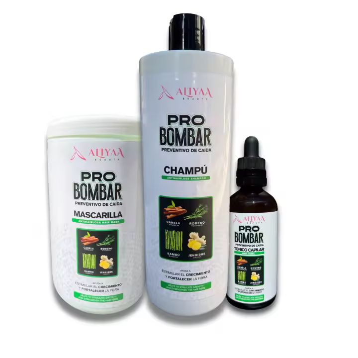 Aliyaa Beauty Pro Bombar Kit Anticaída, Champú 1000ml, Mascarilla 1000ml, Tónico 100ml, con Canela, Romero, Bambú y Jengibre - 1