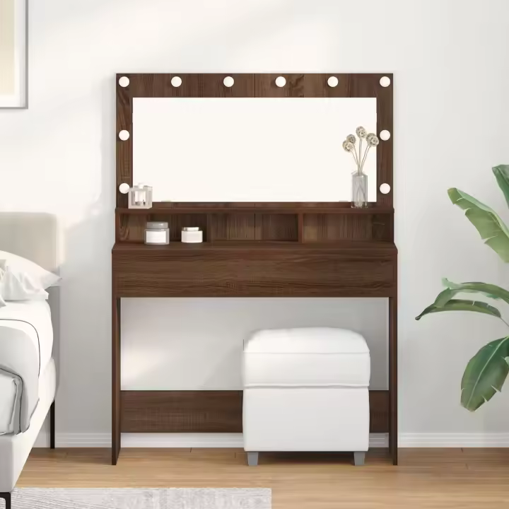 Mesa de tocador vidaXL con luces LED en color Roble Marrón, 100x41x135 cm - 1