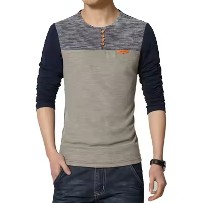 Camiseta De Hombre Talla US Con Botones Y Patchwork Estilo Hip Hop Manga Larga Cuello Redondo Casual Para Primavera Otoño - 1