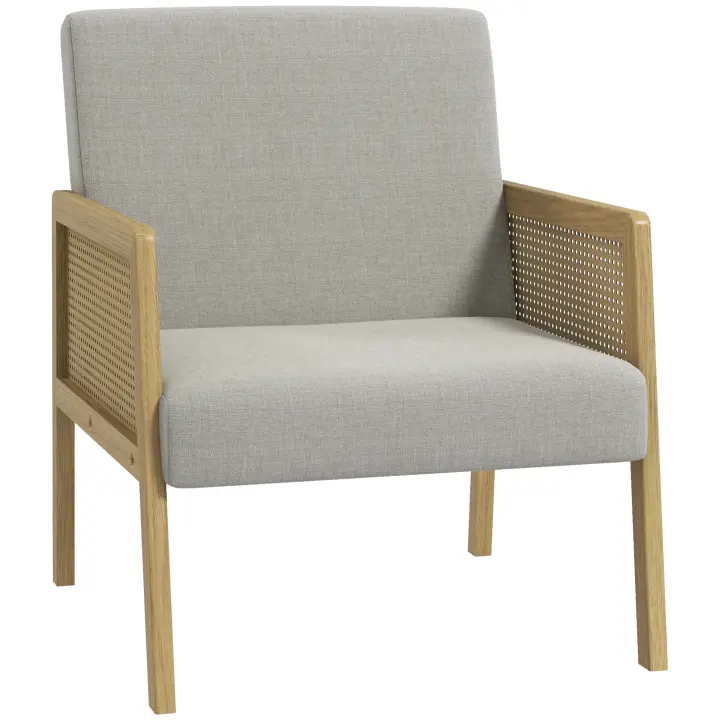 Sillón de acento HOMCOM, sillón relax, sillón con reposabrazos con aspecto de ratán, sillón individual acolchado con aspecto de lino, para salón, dormitorio, gris, 65,5 x 72 x 78 cm - 1