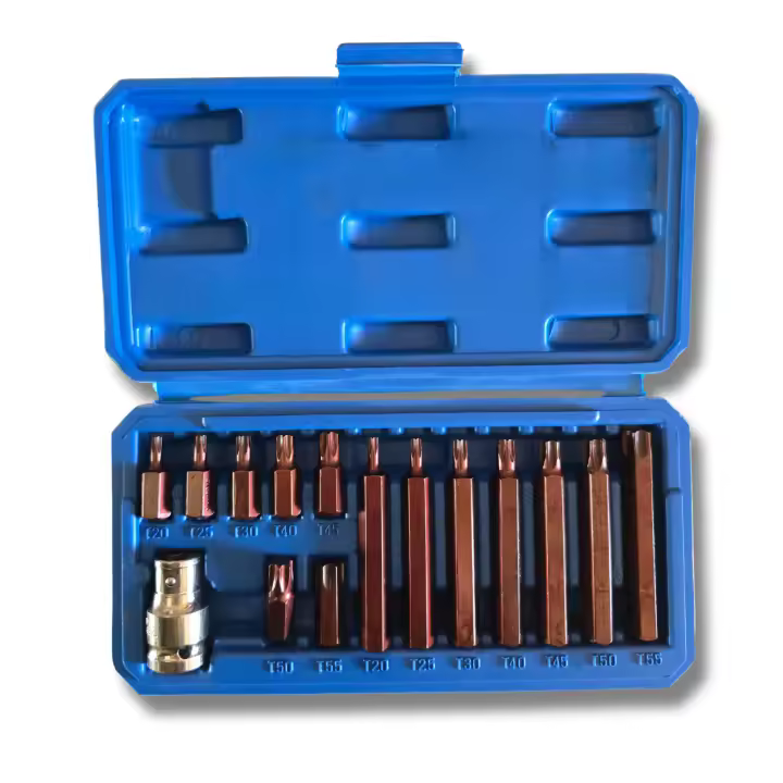 AC Tools Juego de 15 Puntas TORX T20-T55 con Adaptador 1/2", Puntas Cortas 30mm y Largas 75mm + Maletín, MEDIDAS T20, T25, T30, T40, T45, T50, T55. - 1